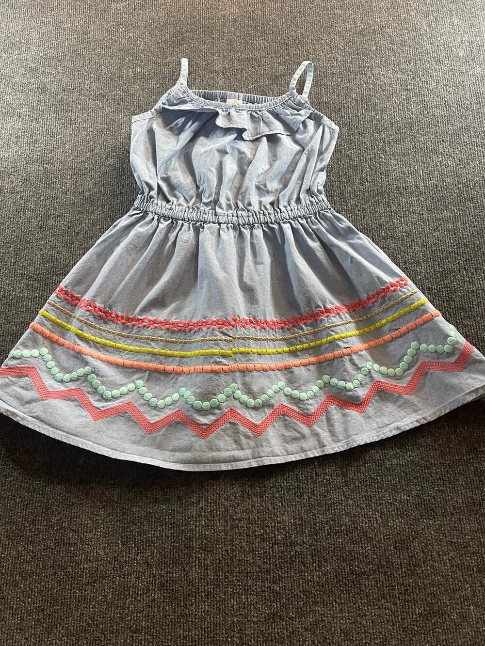 Gymboreee Chambray Dress Size 7 Blue Ruffle Straps Embroidered Ric Rac